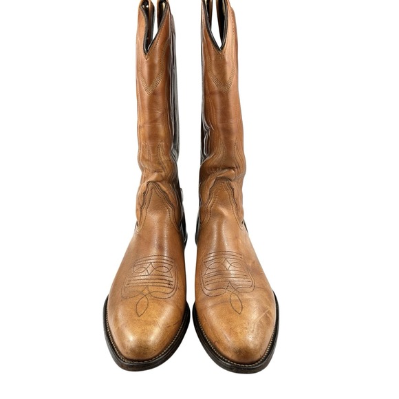 Vintage Frye Cowboy Boots Men's 9D Tan Leather Western Flame Stitch USA Made - Picture 5 of 16